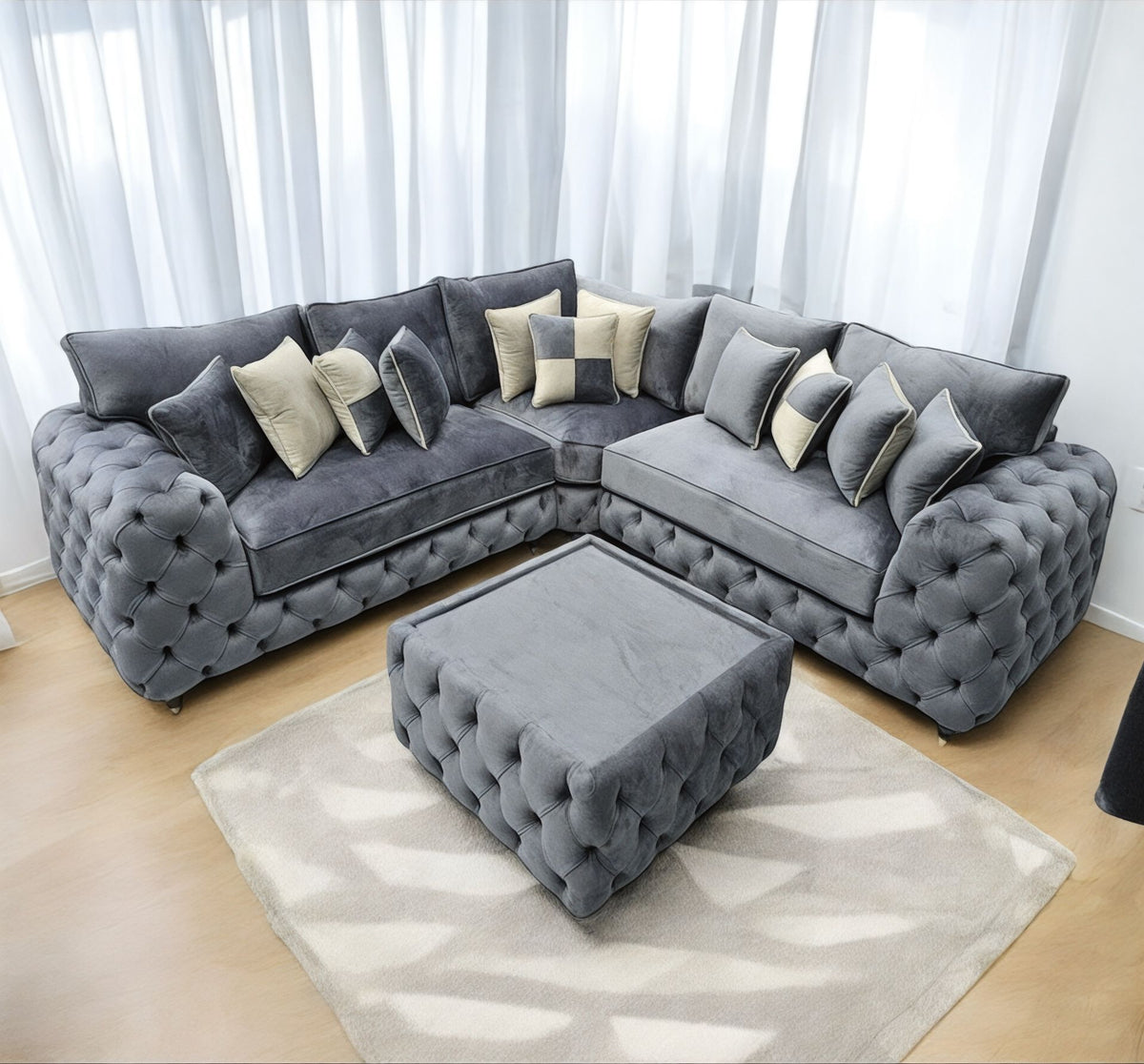 Ashton Chesterfield Buttoned Corner Fabric Sofa - Fullback & Cushions