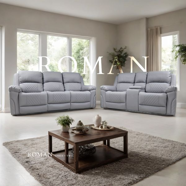 Roman Recliner 3+2+1 Light Grey Leather Suite